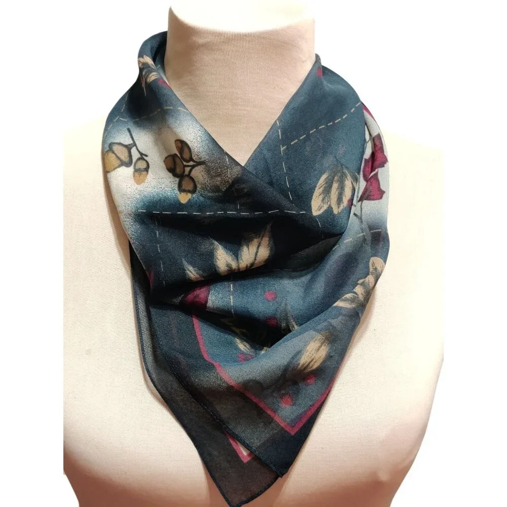 Kathie Lee Womens Scarf Vintage Black Botanical Leaf Print Square Lightweight